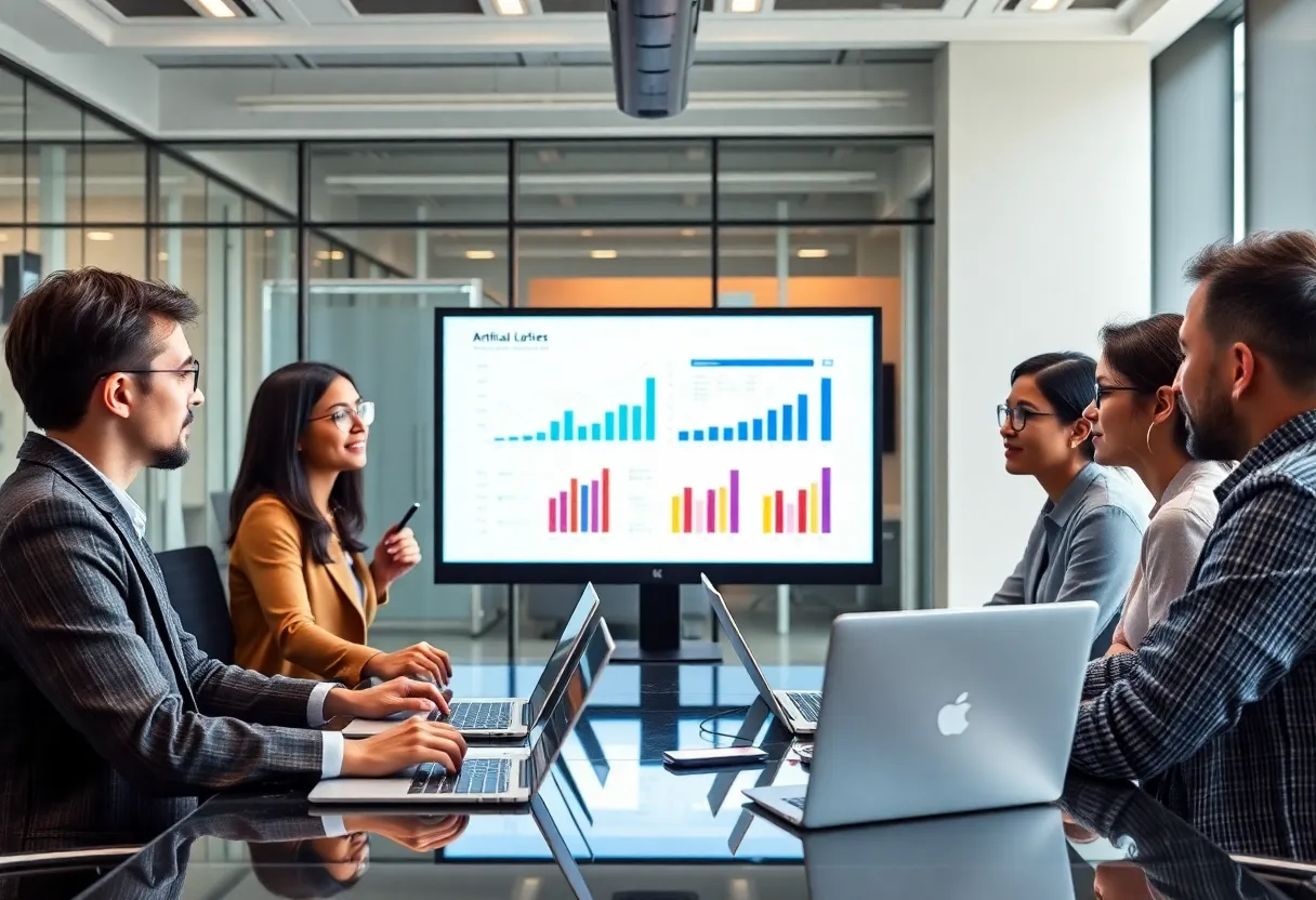 Marketing professionals discussing AI strategies in a modern office.