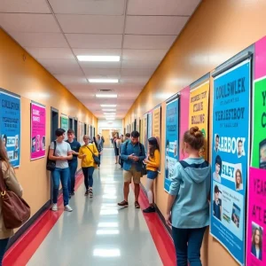 Students interacting with colorful yearbook sales posters in a school hallway.