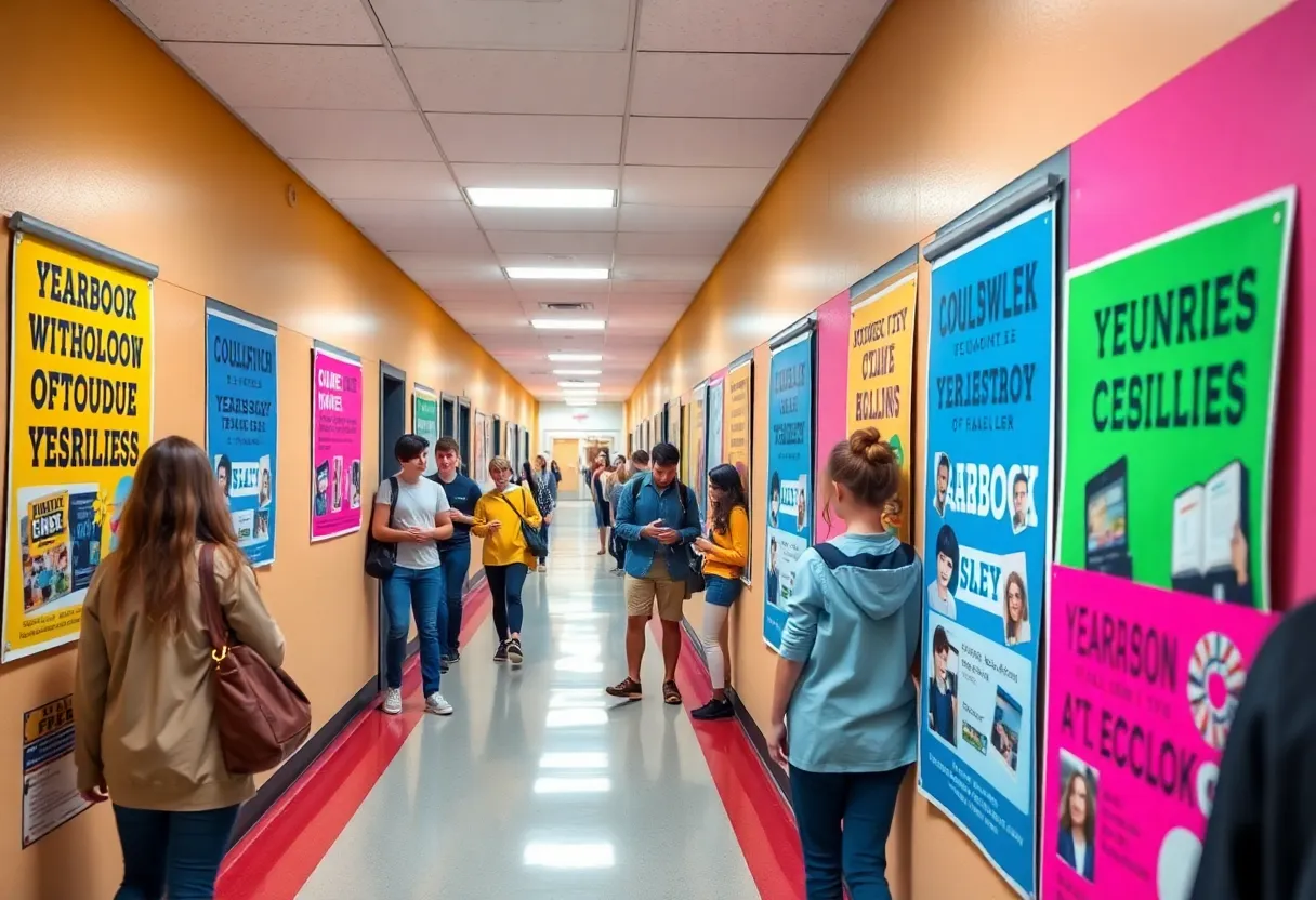 Students interacting with colorful yearbook sales posters in a school hallway.