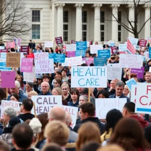 Health care workers protesting against budget cuts at the State House