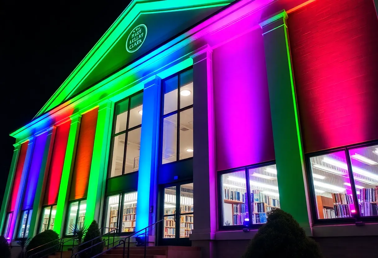 Hesburgh Library lit up in vibrant colors for Rare Disease Day