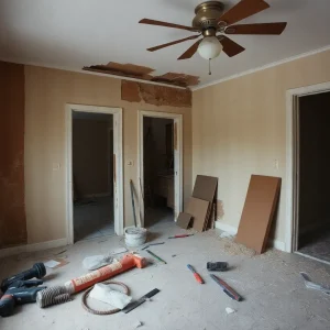 Unfinished home renovation site with tools and concerned homeowners