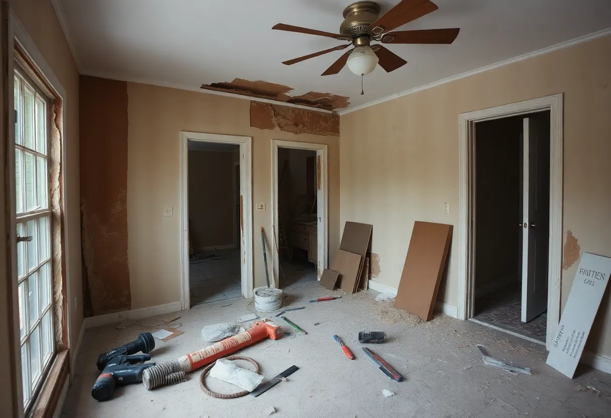 Unfinished home renovation site with tools and concerned homeowners