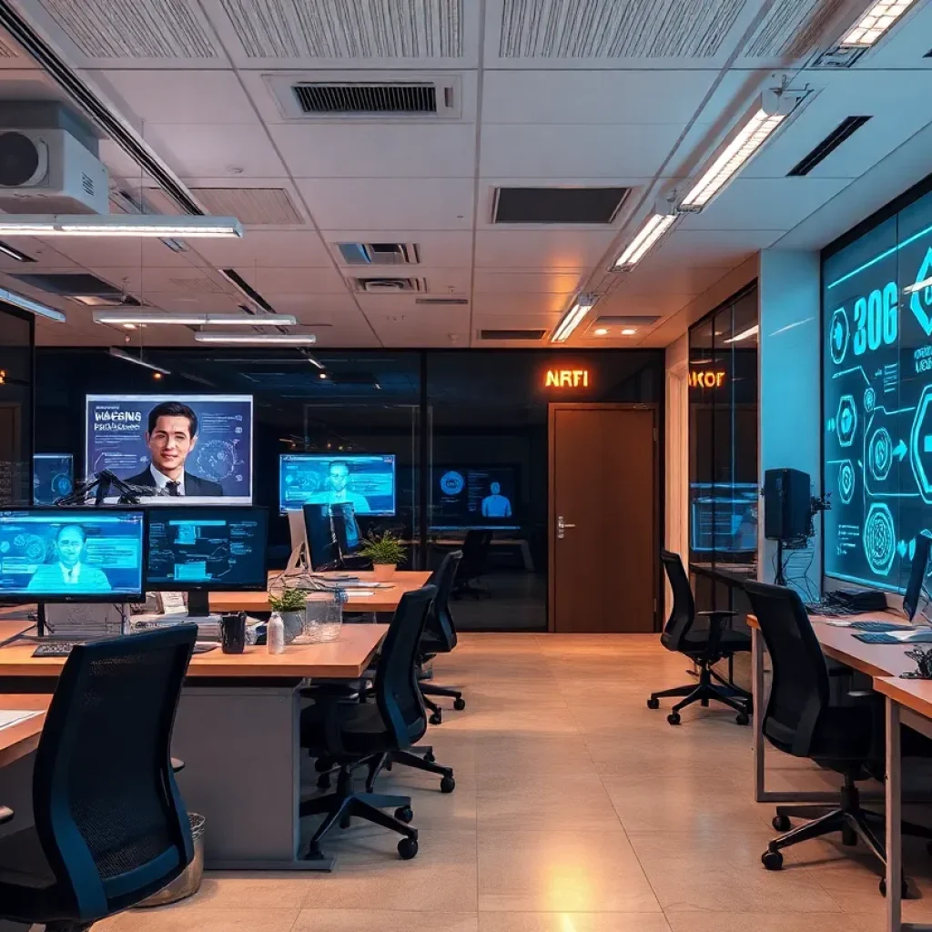 HR professionals utilizing AI technology in a contemporary office setting.
