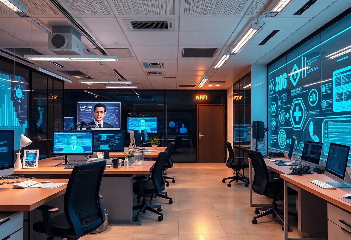 HR professionals utilizing AI technology in a contemporary office setting.