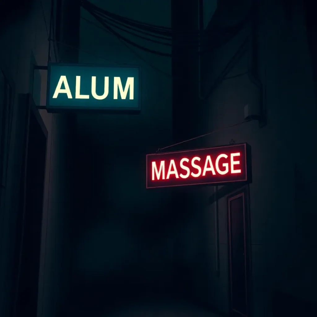 Illustration of a suspicious massage parlor indicating hidden activities.