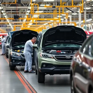 Workers assembling vehicles in a modern automotive factory.