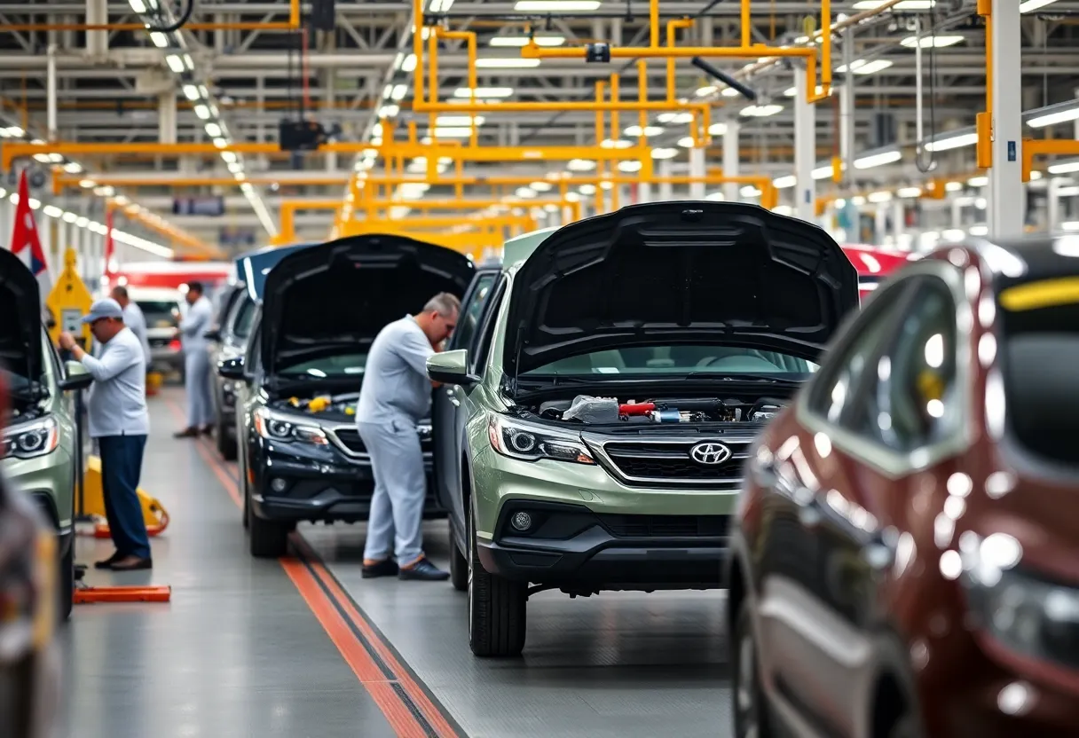 Workers assembling vehicles in a modern automotive factory.