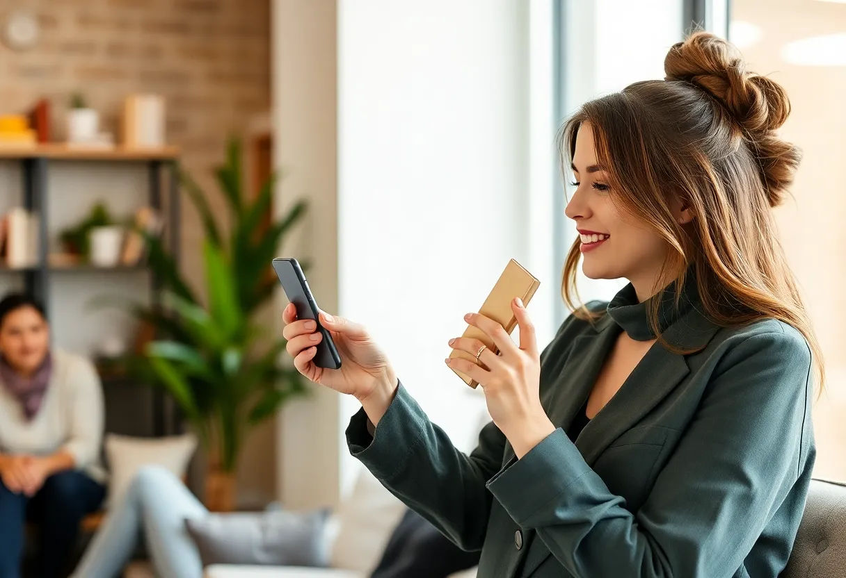 Influencer showing product with disclosure labels on social media
