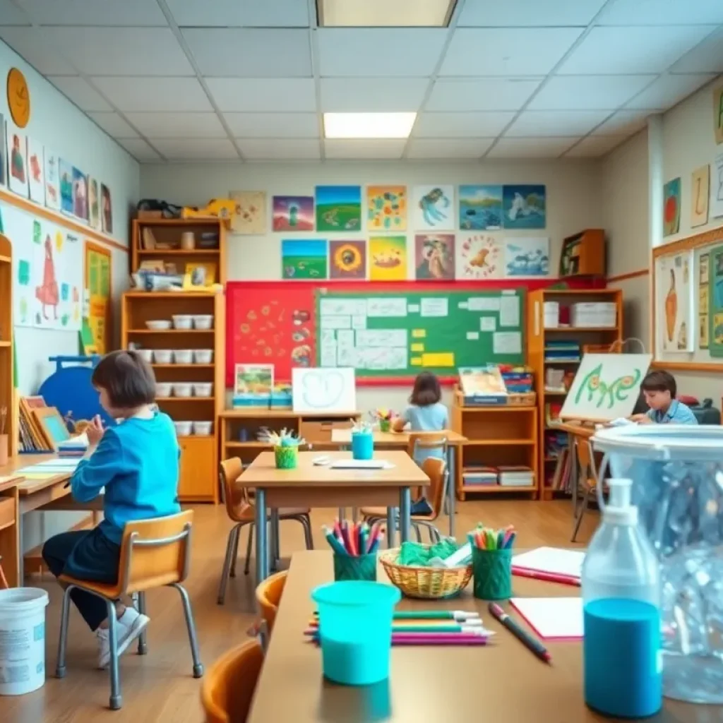Art classroom filled with colorful student artwork