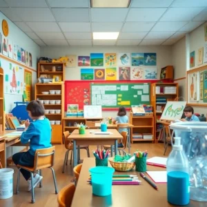 Art classroom filled with colorful student artwork