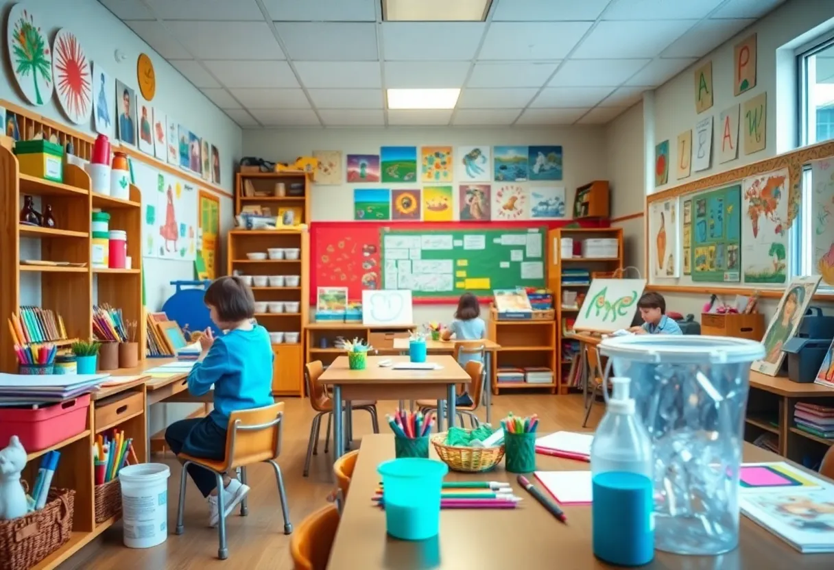 Art classroom filled with colorful student artwork