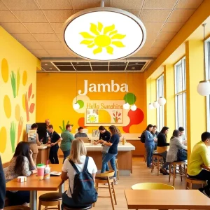 Jamba's Hello Sunshine store prototype showcasing vibrant design and self-order kiosks.