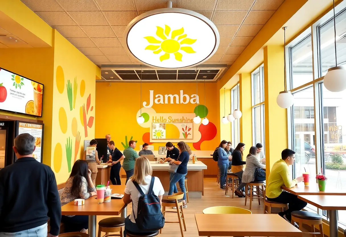 Jamba's Hello Sunshine store prototype showcasing vibrant design and self-order kiosks.