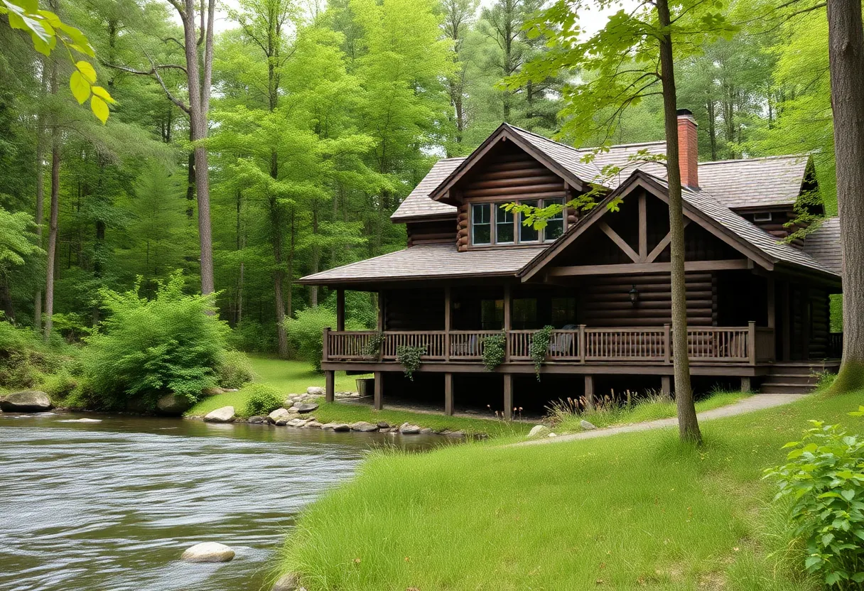 Stunning log home in McBain, Michigan, with lush surroundings and a river view.