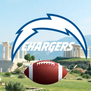 Los Angeles Chargers logo integrated with Greek landmarks