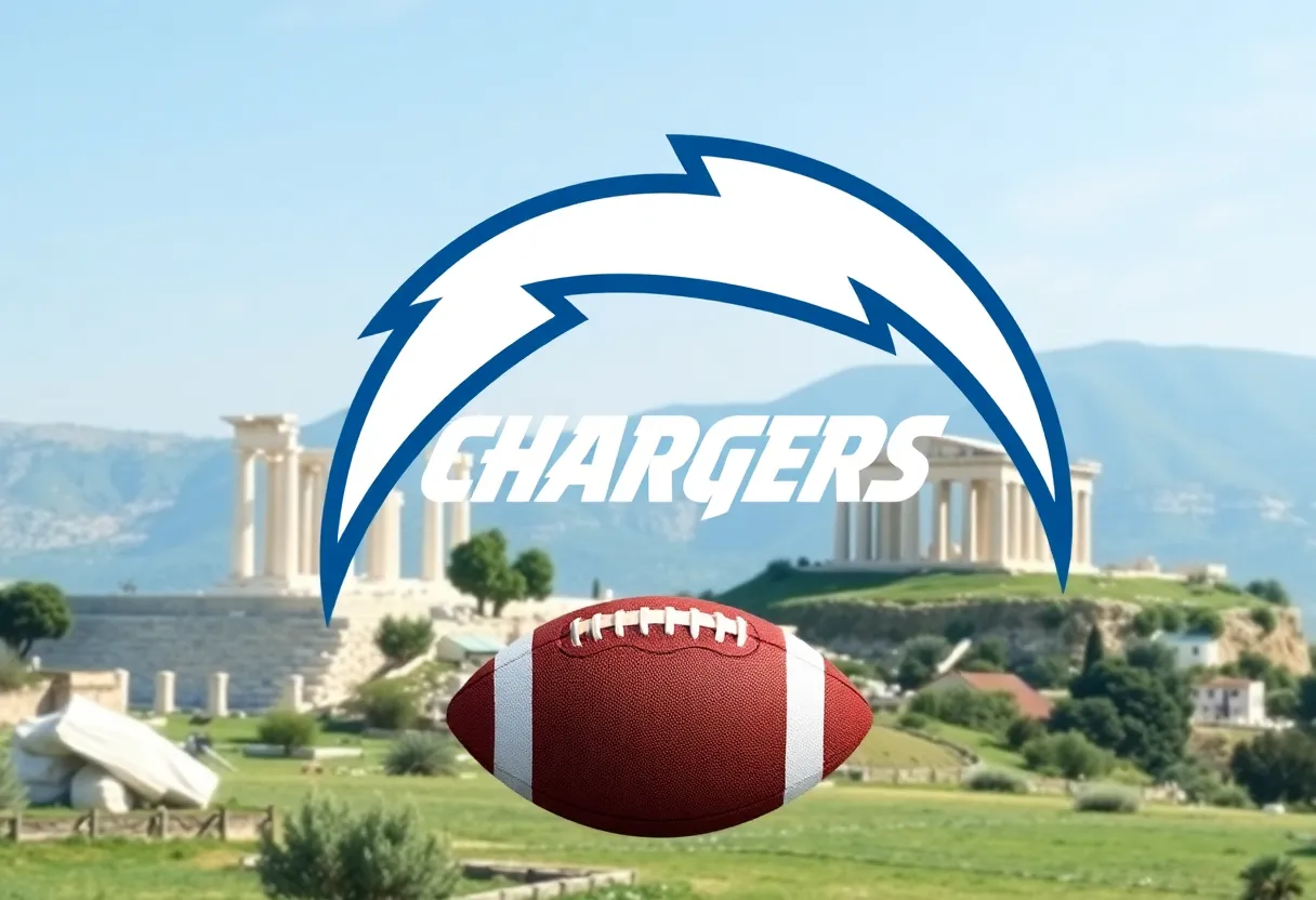 Los Angeles Chargers logo integrated with Greek landmarks