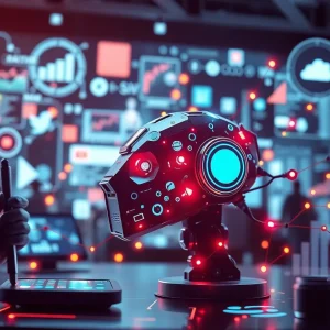 Futuristic marketing scene with generative AI and social media elements