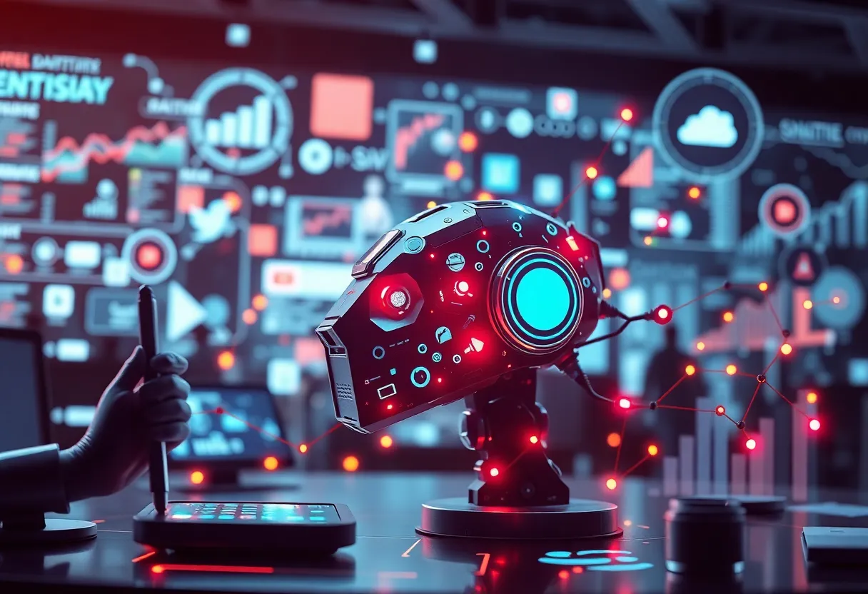 Futuristic marketing scene with generative AI and social media elements