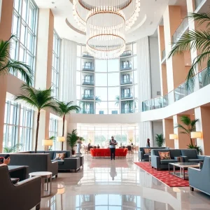 Modern hotel lobby with digital interfaces and guests using mobile devices
