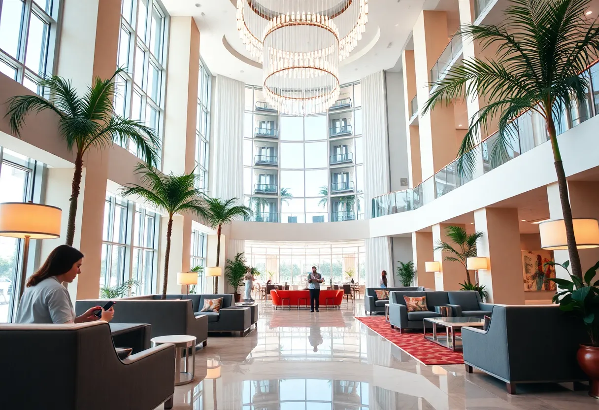 Modern hotel lobby with digital interfaces and guests using mobile devices