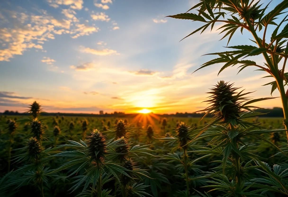 An expansive Michigan cannabis farm during sunset