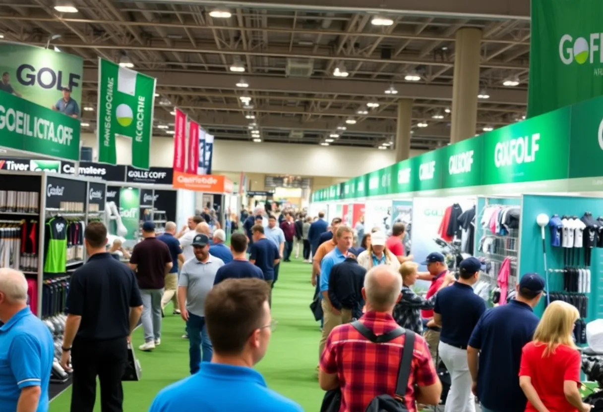 Crowd at Michigan Golf Show exploring vendor booths