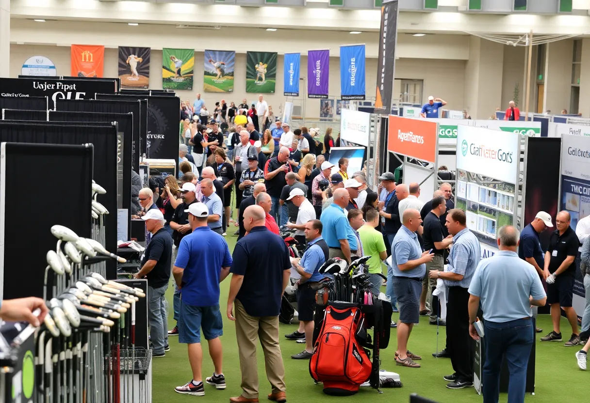 A lively scene from the Michigan Golf Show with vendors and attendees.