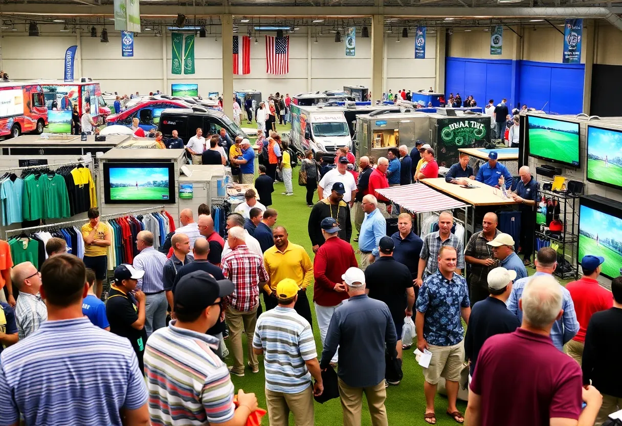 Attendees enjoying the Michigan Golf Show in Novi with vendors and food trucks