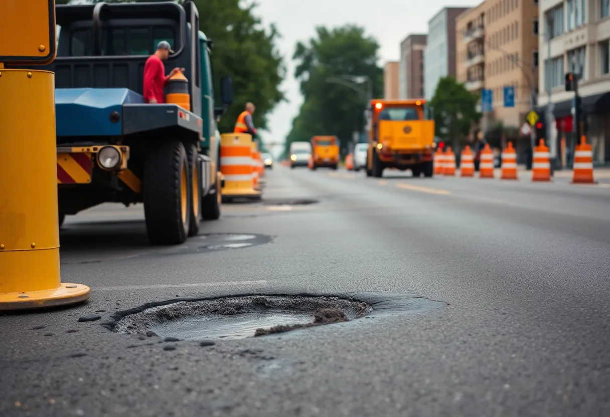 Roadwork in Michigan city with potholes