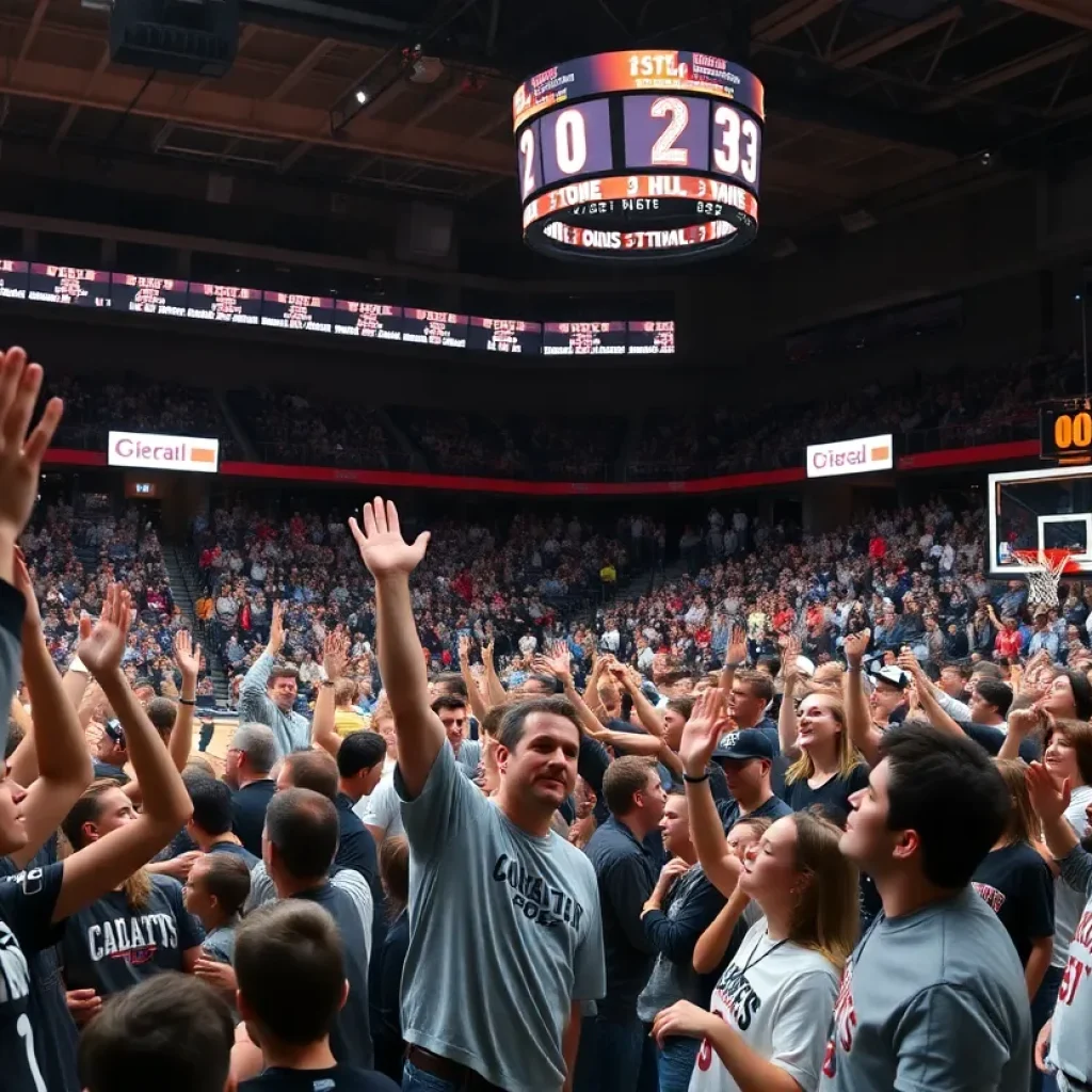 Fans celebrating Michigan State Basketball victory over Wisconsin.