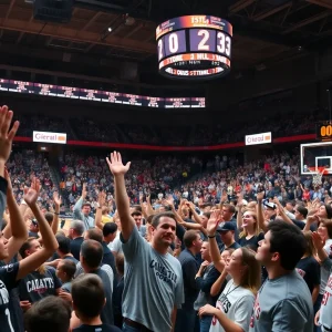 Fans celebrating Michigan State Basketball victory over Wisconsin.