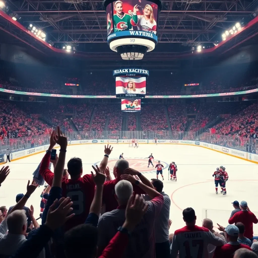 Fans celebrating in the arena after a hockey championship victory.