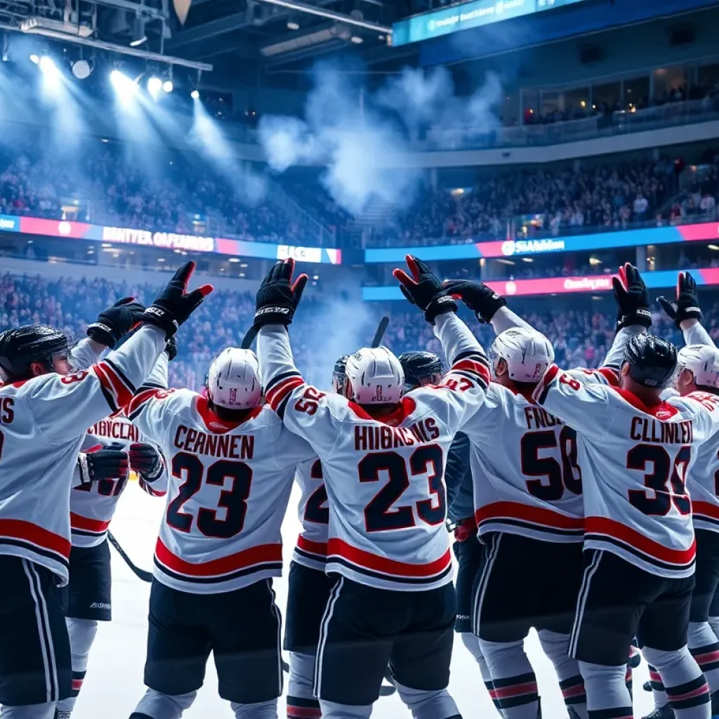 Michigan State hockey team celebrating their championship victory on the ice