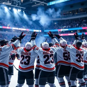Michigan State hockey team celebrating their championship victory on the ice