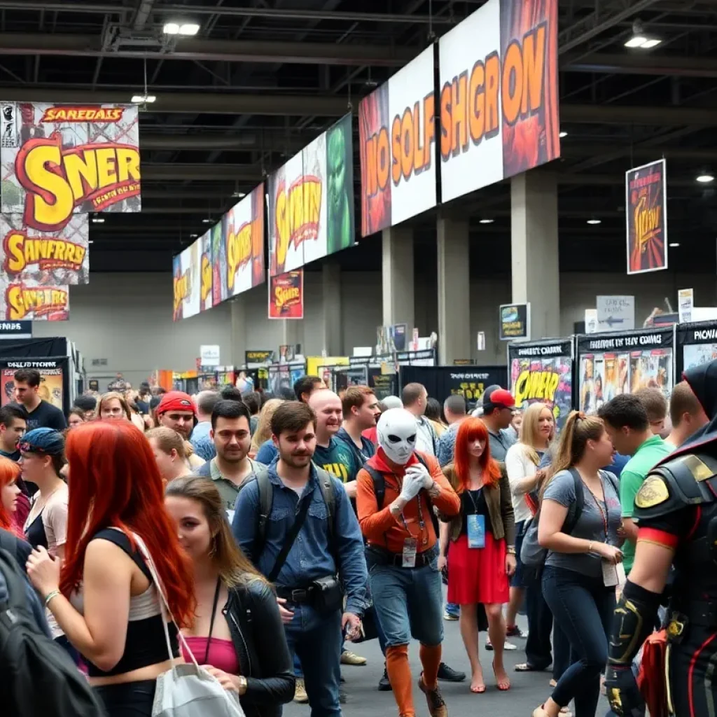 A vibrant scene from a comic convention with fans in cosplay and merchandise booths.