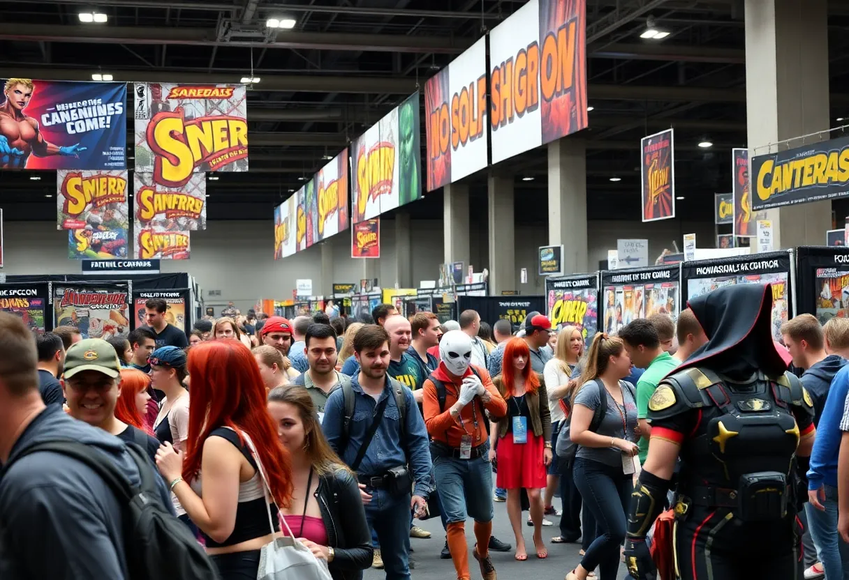 A lively comic convention atmosphere with attendees and celebrity guests.