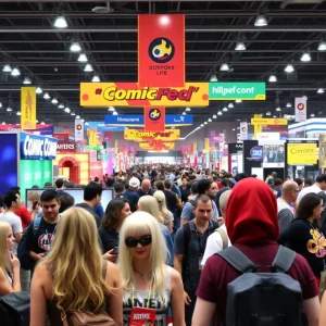An animated view of a bustling comic convention with fans cosplaying and enjoying various activities.