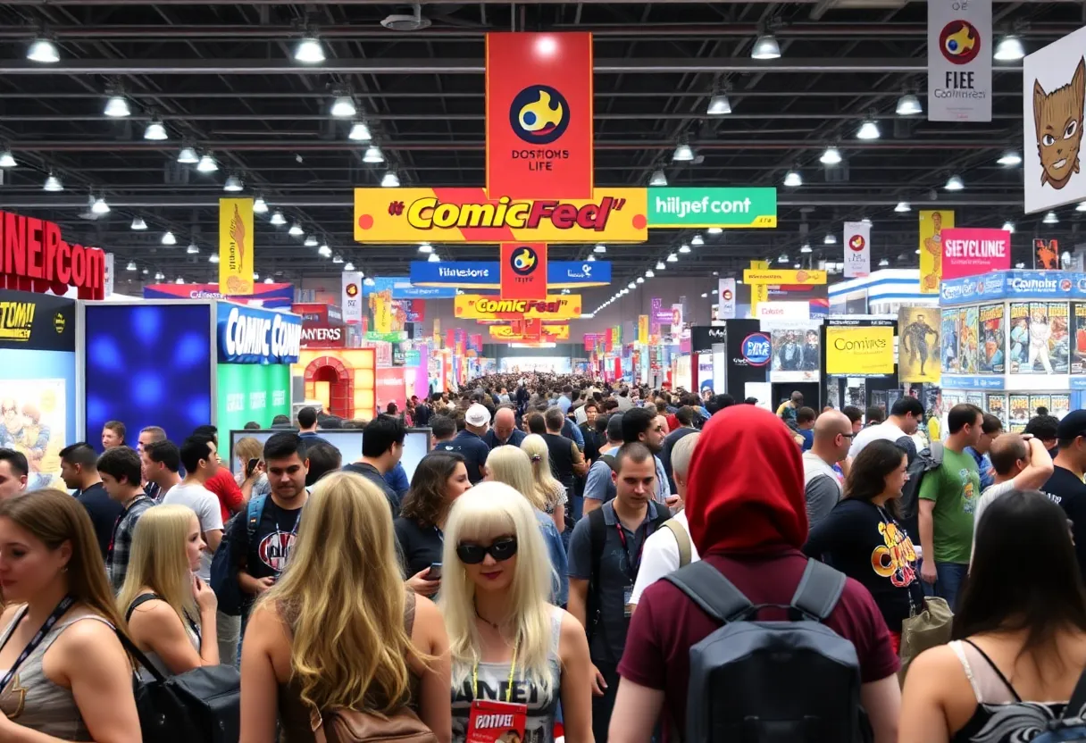 An animated view of a bustling comic convention with fans cosplaying and enjoying various activities.