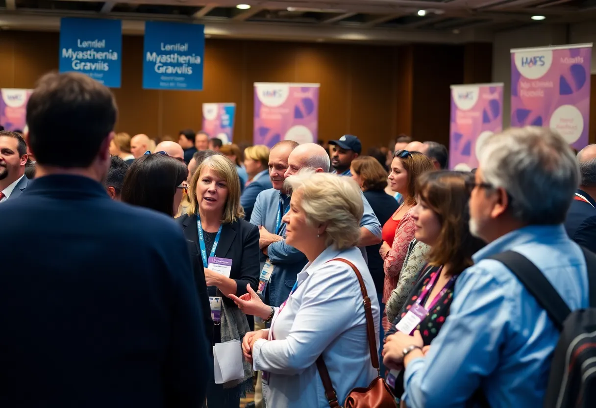 Attendees at the Myasthenia Gravis National Conference engaging in discussions.