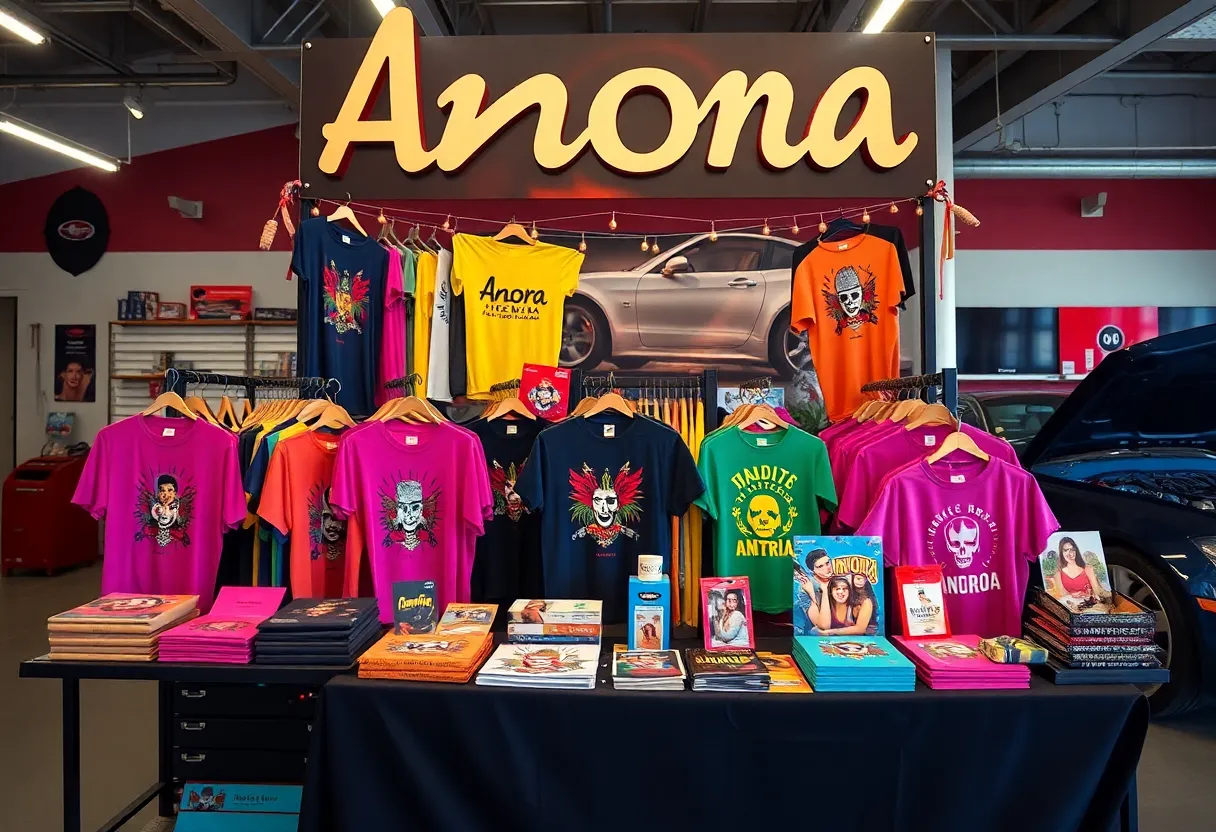 Merchandise display for the film 'Anora' at a pop-up event.
