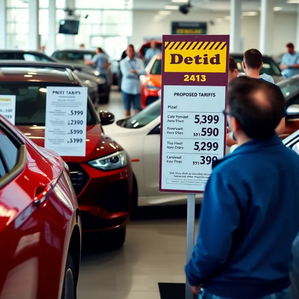 Automotive showroom showcasing new cars with price tags.