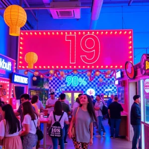 People engaging at a 90s themed pop-up event showcasing nostalgic marketing.