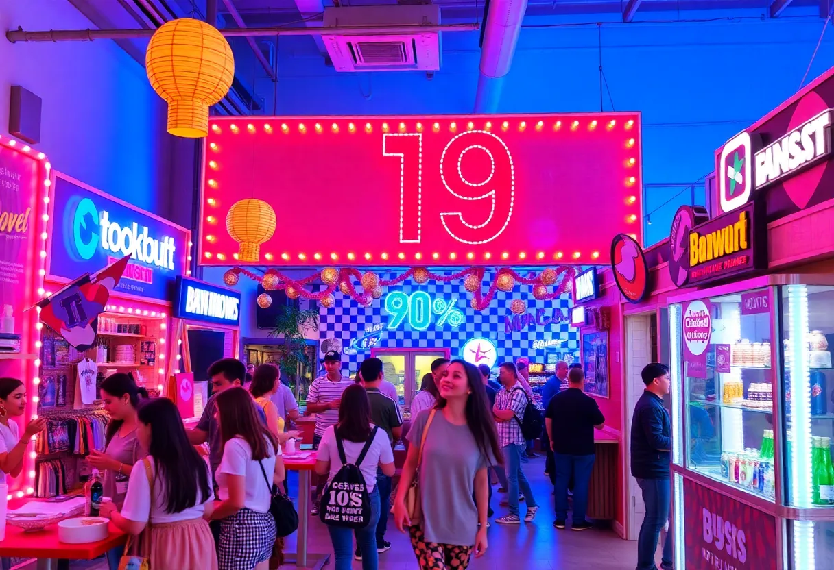 People engaging at a 90s themed pop-up event showcasing nostalgic marketing.