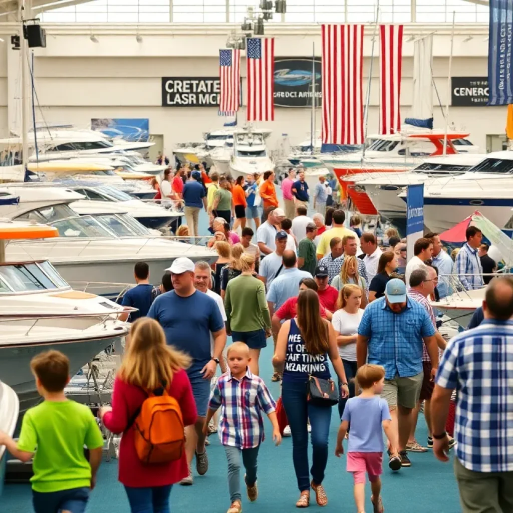 Families exploring the Novi Boat Show with various boats and nautical goods on display.