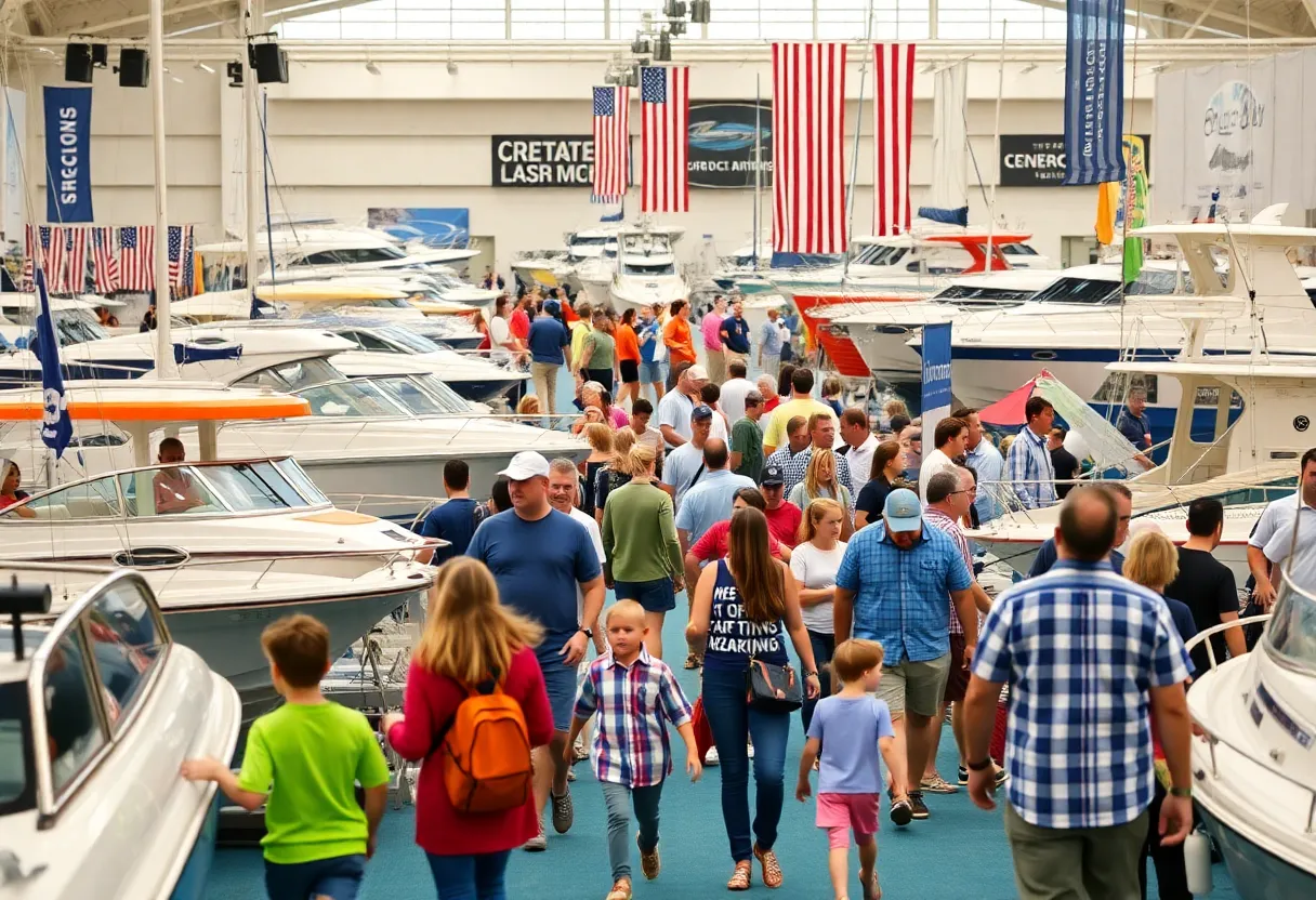 Families exploring the Novi Boat Show with various boats and nautical goods on display.