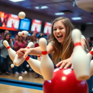 A girl bowling with excitement in a tournament.