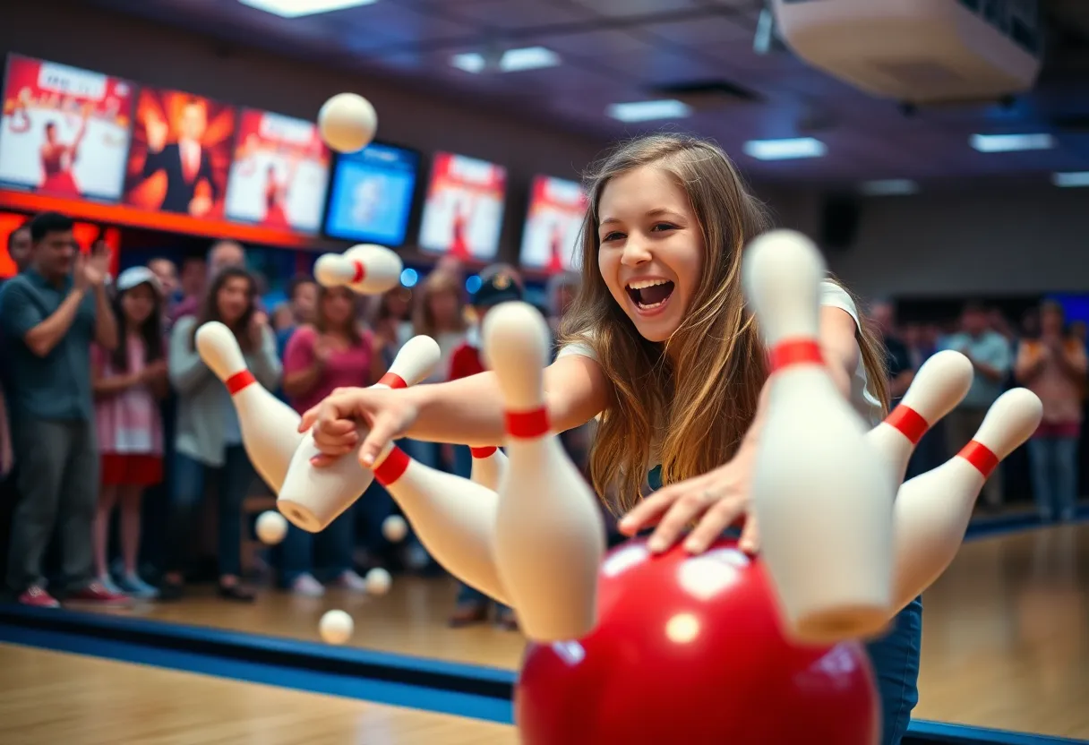 A girl bowling with excitement in a tournament.