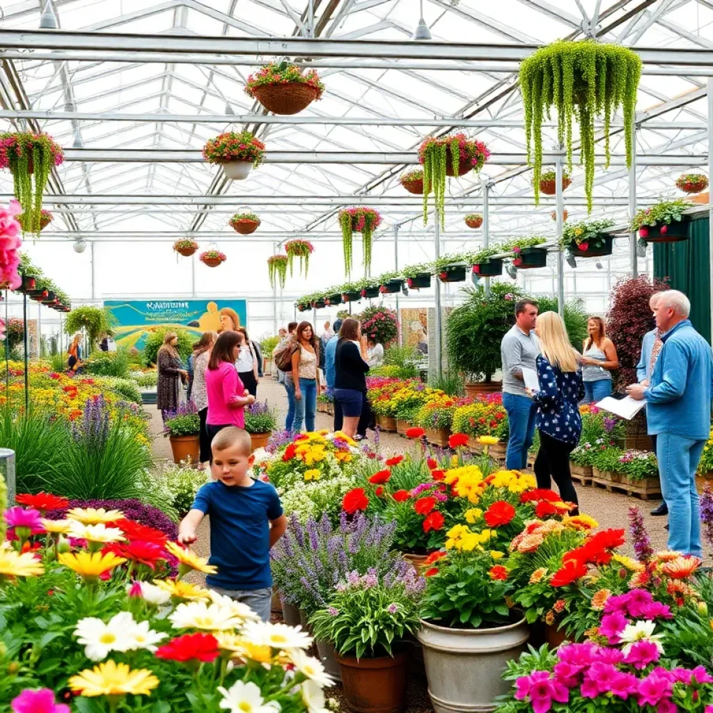 A lively garden exhibition at the Novi Home & Garden Show featuring colorful flowers and families engaging in activities.