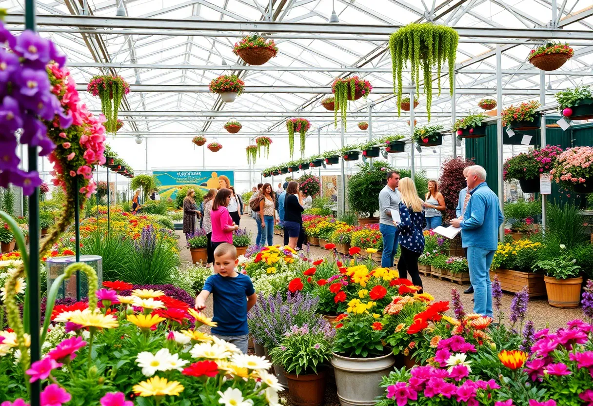 A lively garden exhibition at the Novi Home & Garden Show featuring colorful flowers and families engaging in activities.